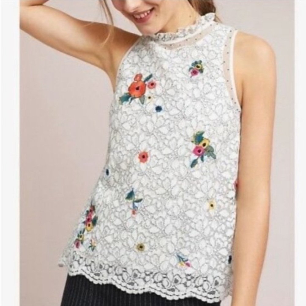 Anthropologie Maeve Macie Tank Top White Lace Floral Embroidered Womens